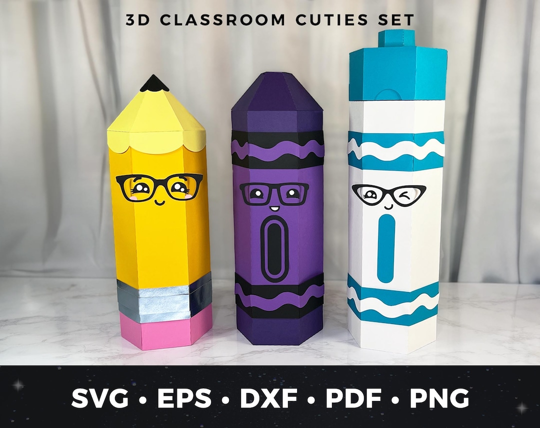 Scool Box Svg Classroom Cuties Gift Box SVG Set of 3, Pencil Crayon Marker Boxes, 3D ...