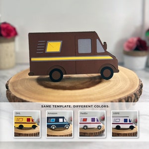 May include: A brown delivery van with a yellow envelope in the window. The van is on a wooden surface. Below the van are four smaller vans in different colours representing different delivery companies: DHL, Amazon, FedEx, and USPS.