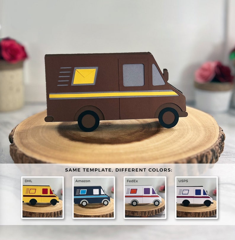 May include: A brown delivery van with a yellow envelope in the window. The van is on a wooden surface. Below the van are four smaller vans in different colours representing different delivery companies: DHL, Amazon, FedEx, and USPS.