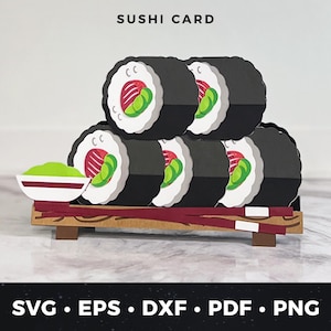 Tarjeta de felicitación de sushi SVG, tarjeta para amantes del sushi, tarjeta de comida japonesa DIY, tarjeta de cumpleaños de sushi, tarjeta de regalo para amantes de la comida, tarjeta de fiesta de sushi SVG, sushi de papel