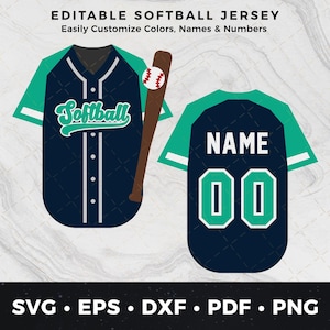 Puede incluir: Un diseño de camiseta de softbol azul marino con detalles en verde azulado, un bate de béisbol y una pelota de softbol. La camiseta presenta la palabra "Softball" en escritura verde azulado. La parte posterior de la camiseta muestra la palabra "NAME" y el número "00". La imagen también incluye iconos de tipo de archivo.