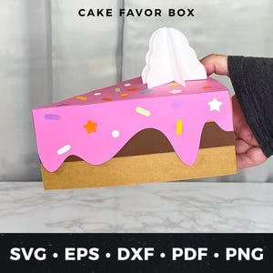 以下が含まれることがあります： ピンク色のケーキスライスのギフトボックス。白いフロスティング、茶色のチョコレート、カラフルなスプリンクルが付いています。箱は人が持っています。「CAKE FAVOR BOX」の文字が上にあります。「SVG • EPS • DXF • PDF • PNG」の文字が下にあります。