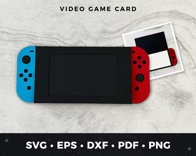 May include: A black video game card in the shape of a game console with blue and red controllers. The text "VIDEO GAME CARD" is at the top. The bottom of the image has the text "SVG &bull; EPS &bull; DXF &bull; PDF &bull; PNG".
