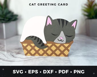 Cute Sleeping Cat Card SVG, Cat Lover Greeting Card, DIY Pet Lover Birthday Card, Sleeping Cat Card, Cat Theme Card pdf, Kitten Card, Kitty