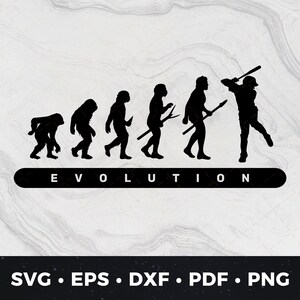 Op de afbeelding: Een zwart-witte silhouet-illustratie van de evolutie van de mens, eindigend met een honkballer die een knuppel zwaait. De tekst "EVOLUTION" staat onder de silhouetten.