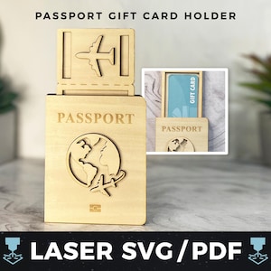 Porta-cartão-presente para passaporte Laser SVG, Cartão-presente de viagem PDF, Porta-dinheiro de aventura, Lembrança de viajante, Presente de passaporte de madeira a laser