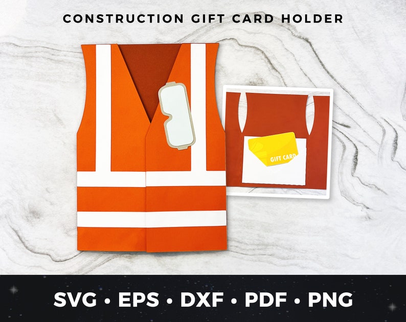 May include: Orange and white construction worker vest with a pocket for a gift card. The vest has a white reflective stripe across the chest and waist. The gift card pocket is a separate piece with a yellow gift card inside. The text "GIFT CARD" is printed on the yellow card.