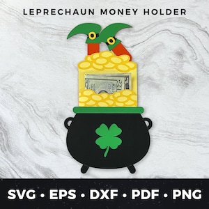 May include: A black pot with a shamrock design, filled with gold coins and topped with a leprechaun's legs and hat. The pot is a money holder.