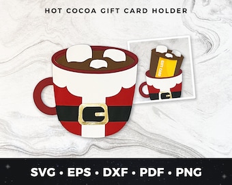 May include: A red and white Santa Claus mug with a black belt and gold buckle, filled with hot chocolate and marshmallows. The mug is holding a gift card with the text "Gift Card".