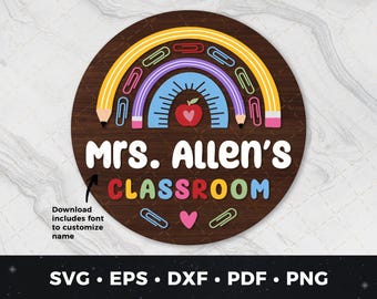 Puede incluir: Un círculo marrón con un diseño de arcoíris y el texto "Mrs. Allen's Classroom". El arcoíris está hecho de amarillo, naranja, rojo, morado, azul y verde. También hay lápices, clips y una manzana roja en el círculo.