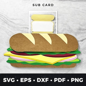 Cartão de felicitações Sub Sandwich SVG, Cartão Sandwich, Cartão Sub DIY, Cartão de aniversário Foodie, Cartão de presente Sub Sandwich, Amante de sanduíche SVG