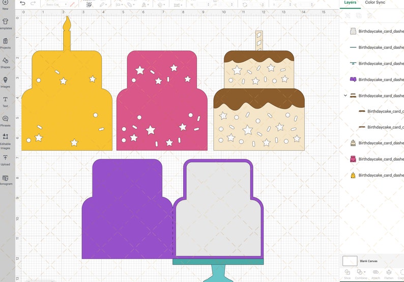 Pu&ograve; includere: Un biglietto di auguri per il compleanno a forma di torta a strati con un design di torta viola, rosa, giallo e marrone. Il biglietto &egrave; fatto di carta e ha un design a pop-up. Il biglietto &egrave; decorato con stelle bianche e confettini.