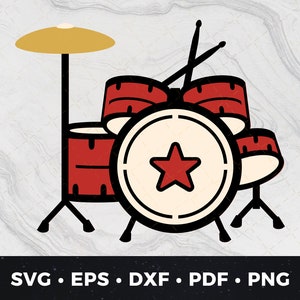May include: A red drum set with a single cymbal, a bass drum with a red star, and three smaller drums. The drums are outlined in black and the cymbal is gold.