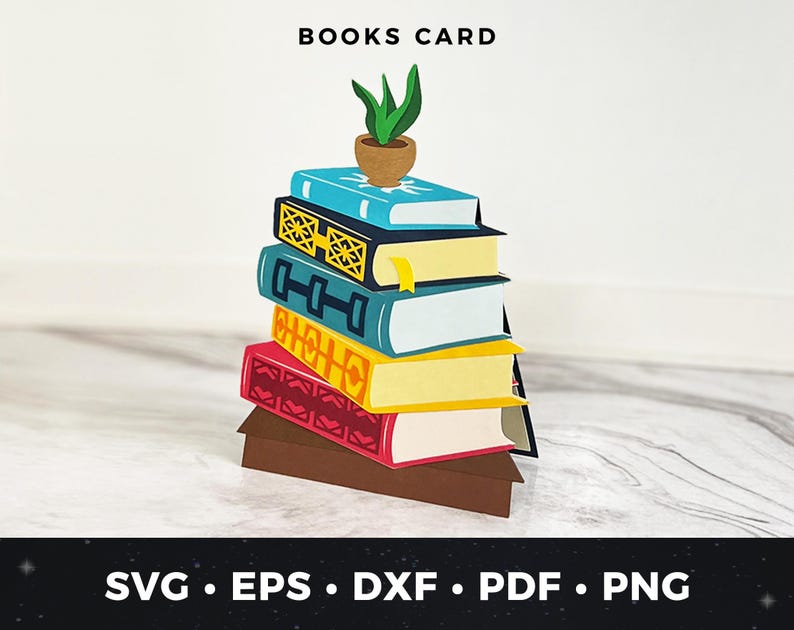 May include: A stack of colourful books with a small potted plant on top. The books are arranged in a pyramid shape and have different patterns and designs. The text "BOOKS CARD" is at the top of the image.