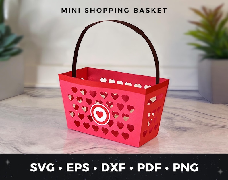 Mini Heart Shopping Basket SVG, 3D Paper Shopping Basket, DIY Valentine’s Day Basket, Cute Paper Basket, Love Basket SVG, Valentine Favor image 1