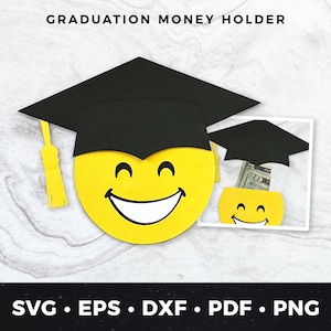 Portamonedas de graduación con cara sonriente svg, Tarjeta de graduación hecha a mano, SVG de graduación, Archivo de corte de regalo de graduación, Portatarjetas de regalo, Tarjeta de graduación hecha a mano pdf eps