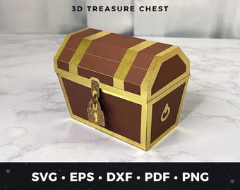 Cofre del tesoro de papel 3D SVG, plantilla de caja de regalo del tesoro, caja de regalo de fiesta pirata, regalos del tesoro pirata, caja del tesoro DIY, tesoro de papel