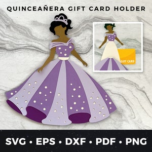 Portatarjetas de regalo de quinceañera svg, Tarjeta de quinceañera svg, Portatarjetas de regalo de quinceañera svg, Archivo de corte de quinceañera svg, Tarjeta de princesa svg, Vestido de baile 3