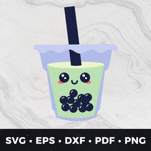 May include: A cartoon illustration of a green bubble tea with a straw and a cute smiling face. The tea is filled with black tapioca pearls.