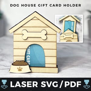 Porta-cartão-presente para casinha de cachorro Laser SVG, PDF para presente para amantes de cachorros, Cartão-presente para animais de estimação, Porta-dinheiro para amantes de animais, Lembrança de casinha de cachorro de madeira a laser