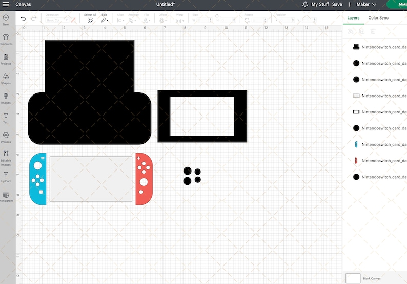 May include: A digital illustration of a video game console and its components. The design includes a black console base, a rectangular screen, and a handheld controller with blue and red sides. Also included are four small black circles.