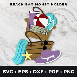Sac de plage porte-monnaie svg, svg de sac de plage, carte d'anniversaire bricolage, porte-monnaie d'été, carte d'anniversaire de sac de plage, svg pour amoureux de la plage, plage