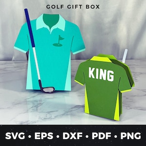 以下が含まれることがあります： 2つの紙製のゴルフシャツギフトボックス。1つはティール、もう1つはグリーンで、ゴルフクラブと「KING」の文字が描かれています。ティールシャツにはゴルフフラッグのグラフィックがあります。上部のテキストは「GOLF GIFT BOX」と書かれています。下部のテキストは「SVG • EPS • DXF • PDF • PNG」と書かれています。