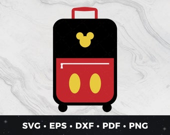 Könnte beinhalten: Ein roter Koffer mit schwarzen Akzenten und einem Mickey-Mouse-Kopf-Design. Der Koffer hat zwei gelbe Kreise auf der Vorderseite und Räder unten.