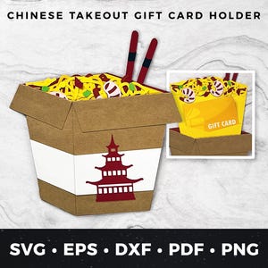 Chinois à emporter carte-cadeau porte-cartes SVG, boîte à emporter carte-cadeau pdf, porte-cartes cadeau gourmands, bricolage chinois à emporter carte d'anniversaire, emporter coupe svg