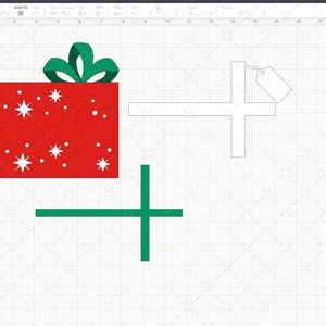 K&ouml;nnte beinhalten: Ein digitales Design f&uuml;r eine Weihnachtsgeschenkbox mit einer gr&uuml;nen Schleife, einem wei&szlig;en Etikett und einem gr&uuml;nen Kreuz. Die Geschenkbox ist rot mit wei&szlig;en Sternen und Punkten.