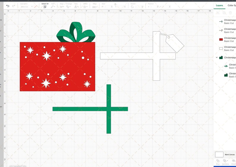 K&ouml;nnte beinhalten: Ein digitales Design f&uuml;r eine Weihnachtsgeschenkbox mit einer gr&uuml;nen Schleife, einem wei&szlig;en Etikett und einem gr&uuml;nen Kreuz. Die Geschenkbox ist rot mit wei&szlig;en Sternen und Punkten.