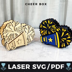 Cheerleader Gift Box Laser Cut File, Cheer Favor Box SVG, Pep Rally Party Favor, Glowforge xTool File, Cheer Coach Team Gift, Wood Pom Poms