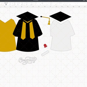 Op de afbeelding: Digitale illustratie van elementen met een diploma-thema. Bevat een gouden toga, een zwarte afstudeer toga met gouden accenten, een witte toga, een baret, een diploma en een rood lint. Het woord "Gefeliciteerd" is ook aanwezig.