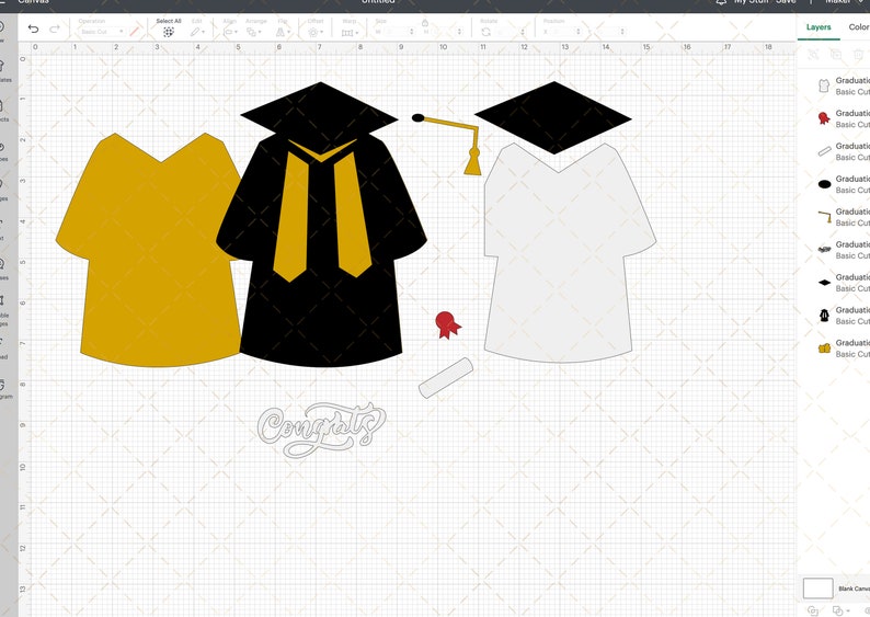 Op de afbeelding: Digitale illustratie van elementen met een diploma-thema. Bevat een gouden toga, een zwarte afstudeer toga met gouden accenten, een witte toga, een baret, een diploma en een rood lint. Het woord "Gefeliciteerd" is ook aanwezig.