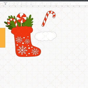 May include: A red Christmas stocking with white snowflakes and polka dots. The stocking is filled with a green sprig of holly, a candy cane, and a peppermint swirl lollipop.