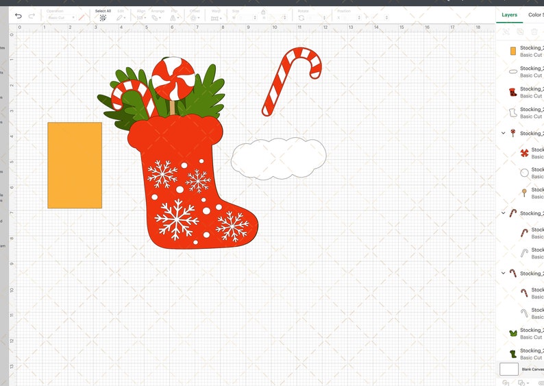 May include: A red Christmas stocking with white snowflakes and polka dots. The stocking is filled with a green sprig of holly, a candy cane, and a peppermint swirl lollipop.