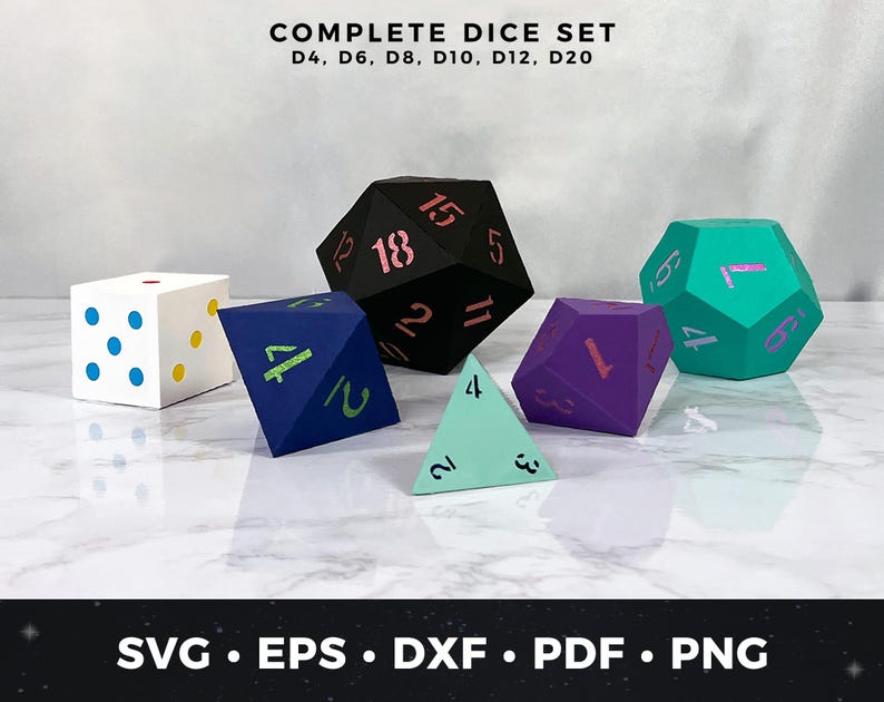 3D Paper Dice Bundle SVG, Full Polyhedral Dice Set (D4, D6, D8, D10 ...