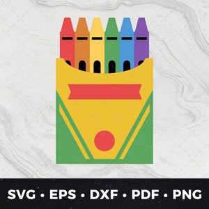 May include: A box of crayons with a red, yellow, green, blue, and purple crayon. The box is green and yellow with a red label.