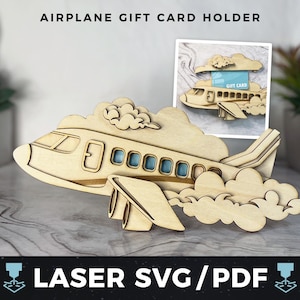 Vliegtuig cadeaukaarthouder laser SVG, pilot cadeaubon pdf, houder reisgeld, luchtvaartcadeau, laser hout aandenken, Wanderlust cadeau-idee
