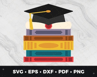 Graduation svg png pdf dxf eps, Grad Cap and Books Clipart, Graduation Cut File, DIY Senior Shirt, Diploma Print, Congrats Grad png