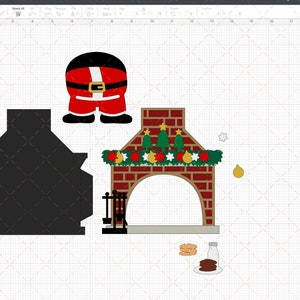 May include: A red and black Santa Claus figure stands in front of a brick fireplace with a green garland and gold ornaments. There are cookies and a glass of milk on a plate in front of the fireplace.