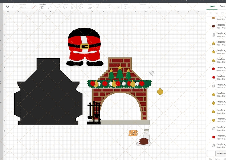May include: A red and black Santa Claus figure stands in front of a brick fireplace with a green garland and gold ornaments. There are cookies and a glass of milk on a plate in front of the fireplace.
