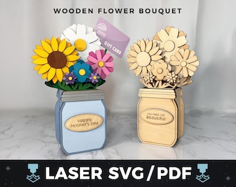 Laser Cut Wood Flower Bouquet SVG Mother’s Day Flower Gift Laser File Rustic Flower Arrangement SVG DIY Gift for Glowforge Birthday Gift
