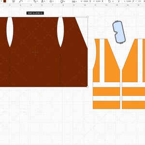 May include: A brown vest with two armholes and a safety vest with reflective stripes. The safety vest is orange with white reflective stripes. The safety vest is 6.54 inches wide.