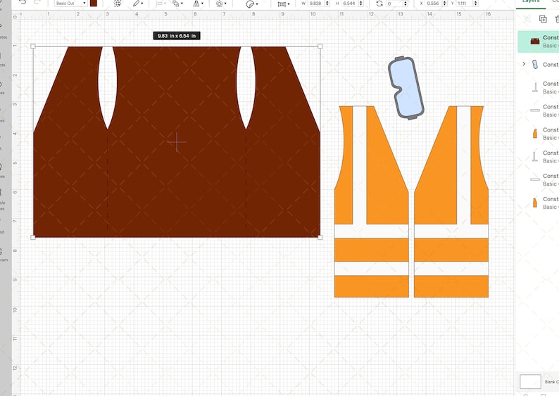 May include: A brown vest with two armholes and a safety vest with reflective stripes. The safety vest is orange with white reflective stripes. The safety vest is 6.54 inches wide.