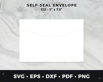 May include: A white self-seal envelope with a flap on the top. The envelope is 5 inches by 7.5 inches. The text "SELF-SEAL ENVELOPE" and "E12 - 5" x 7.5" is printed on the envelope.