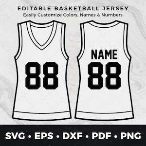 May include: Editable basketball jersey template featuring the number 88 on the front and back. The jersey is white with black outlines and text. The text on the back reads "NAME".