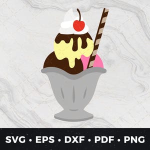 May include: A cartoon illustration of a chocolate, vanilla, and strawberry ice cream sundae in a glass dish with a chocolate topping and a single cherry on top. A brown and white striped stick is sticking out of the ice cream.