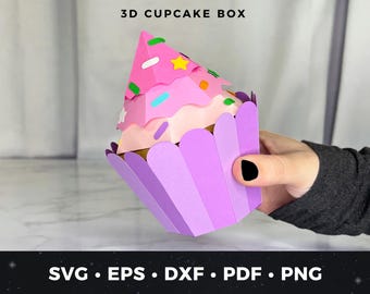 Cupcake Favor Box SVG, 3D Cupcake Gift Box Template, Birthday Party Favor Box, DIY Cupcake Treat Box, Paper Cupcake Box SVG