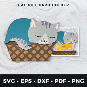 Lindo portatarjetas de regalo con forma de gato durmiendo SVG, tarjeta de regalo para amantes de los gatos SVG, regalo para mascotas DIY, portatarjetas de regalo con forma de gato durmiendo, regalo con temática de gatos en formato PDF